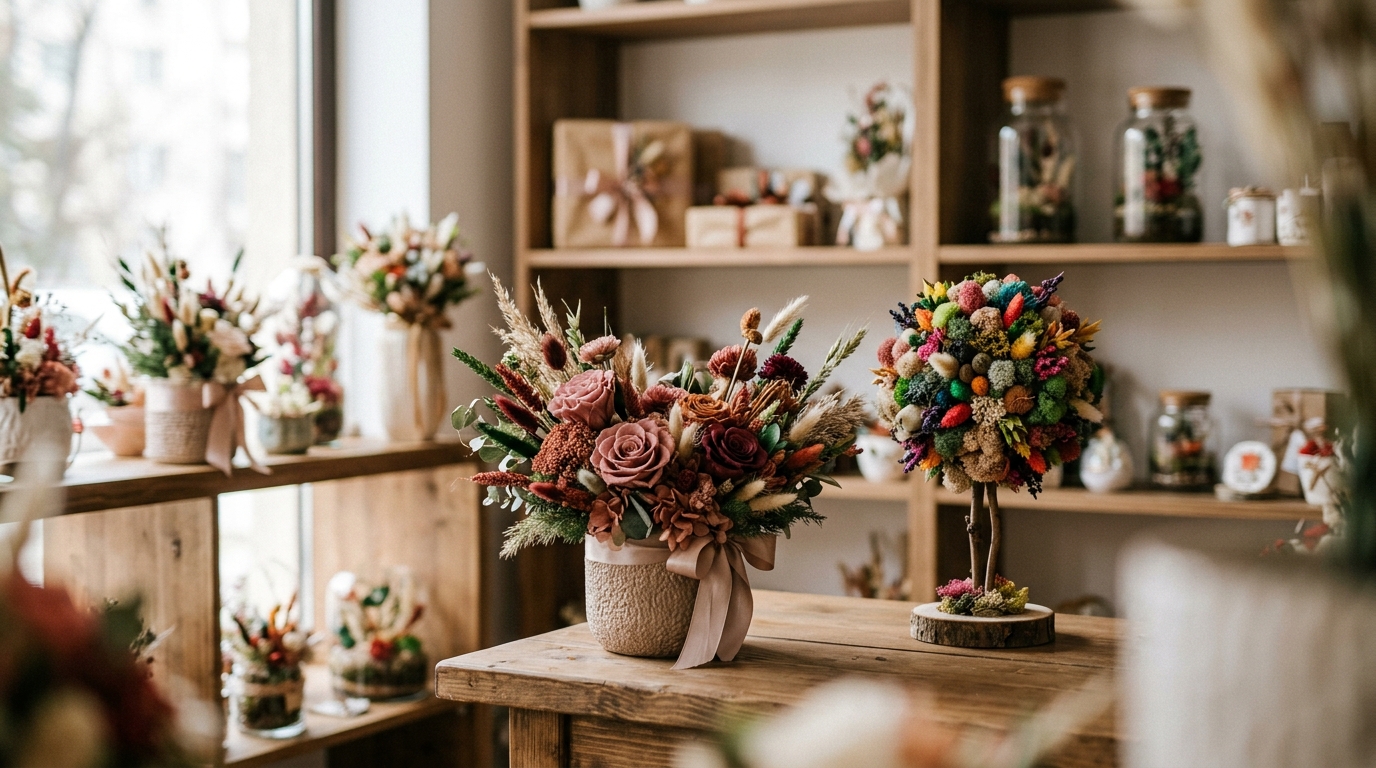 Aranjamente florale și un copăcel decorativ expuse pe o masă